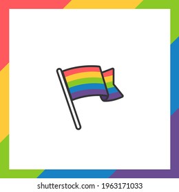 Etiqueta del orgullo o pegatina con bandera arco iris en diseño plano sobre fondo blanco. LGBT