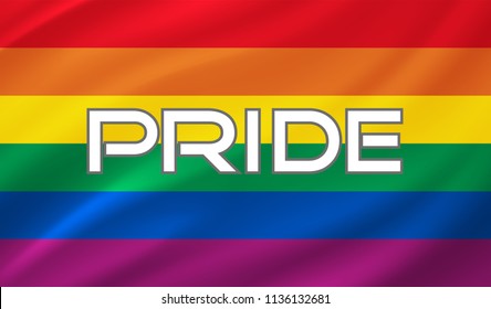 Pride lettering on a  rainbow spectrum flag, homosexuality emblem isolated on white. LGBT rights concept. Modern parades poster, placard.