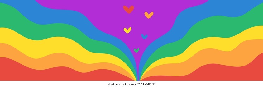 Pride Lettering Rainbow Banner. Wave Rainbow with Colorful Heart for Web Banner