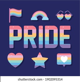 pride lettering and set of icons with lgbtq pride colors vector illustration design