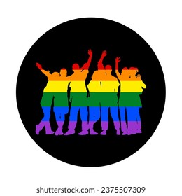 Bandera de la insignia del círculo LGBT del orgullo sobre los amigos gays ondeando la ilustración de la silueta vectorial aislada. Felices turistas de niños y niñas saludando con la mano. Las parejas enamoradas disfrutan en los viajes de verano.