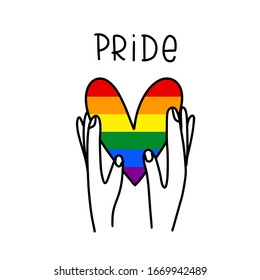 Pride LGBT community vector clipart with the hands holding a heart. Fingers touching love symbol colored as rainbow image to make support homosexual people banner, poster, t-shirt iron on or print.  