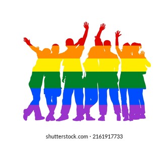 Pride LGBT Flag Over Gay People Friends Waving Hands Vector Silhouette Illustration Isolated. Happy Boys And Girls Tourists Hand Wave Saying Hi. Send Off Sign. Couples In Love Enjoy In Summer Travel.