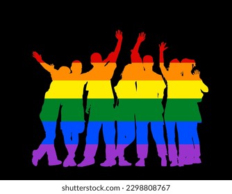 Bandera del orgullo LGBT sobre los amigos gays ondeando la silueta vectorial de mano aislada. Felices turistas de niños y niñas saludando con la mano. Despedir la señal. Las parejas enamoradas disfrutan en los viajes de verano.