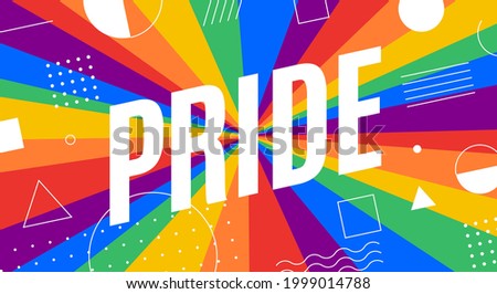 Pride, LGBT flag. Poster, banner or Rainbow flag of LGBT. Colorful rainbow lgbt flag for pride. Print for t-shirt of rainbow six colors flag with text Pride on background. Vector Illustration