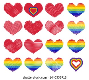 Pride LGBT heart vector icon set, Lesbian gay bisexual transgender concept love symbol. Collection of Color rainbow flag. Flat design signs