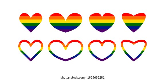 Pride LGBT Herz Vektorsymbol Satz, Lesbische schwule bisexuelle Transgender-Konzept Liebe Symbol. Kollektion von Color Regenbogen Flag. Flache Designzeichen einzeln auf weißem Hintergrund
