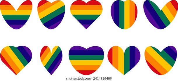 Pride LGBT heart vector icon set, Lesbian gay bisexual transgender concept love symbol. Collection of Color rainbow flag. Flat design signs isolated on white background