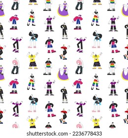 Pride LGBT people seamless pattern. Lesbian, gay, transgender, bisexual, non-binary, asexual person. Genderqueer and queer equity, awareness, visibility vector background with flag colors.