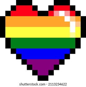 Pride LGBT rainbow colors flag in pixel heart on white background. Pixel art. Retro style icon. Vector illustration.
