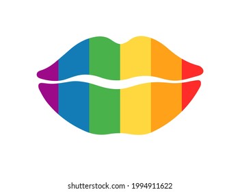 Pride LGBT rainbow coloured lips.  Gay, lesbian, bisexual and transgender community flag  isolated on white background.  Vector flat illustration. Design for banner, poster, greeting card, flyer