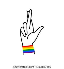 Pride LGBT Rainbow and Female hand with crossed fingers in a minimal linear trendy style. Symbol of good luck. Vector Illustration for logo, print on t-shirt, poster, card, tattoo,