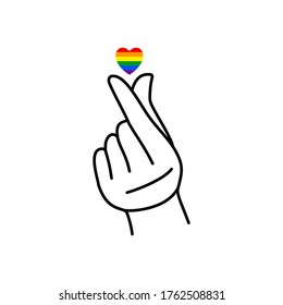 Orgullo LGBT Corazón arcoiris y mano femenina de un símbolo de amor en un estilo lineal minimalista de moda. Pequeño corazón símbolo de amor coreano. Ilustración vectorial para logotipo, impresión en camiseta, afiche, tarjeta, tatuaje