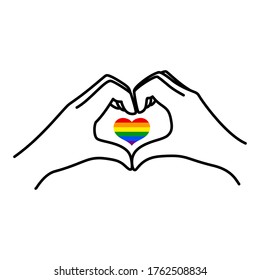 Pride LGBT Rainbow Heart and Female hand of a love symbol in a minimal linear trendy style. Two female hands make a heart Gesture. Vector Illustration for logo, print on t-shirt, poster, card, tattoo