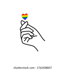 Pride LGBT Rainbow Heart and Female hand of a love symbol in a minimalist linear trendy style. Korean love symbol mini heart. Vector Illustration for logo, printing on t-shirt, poster, card, tattoo