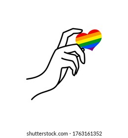 Pride LGBT Rainbow Heart and Female hand in a minimal linear trendy style. A woman's hand holds a rainbow heart. Vector Illustration for logo, print on t-shirt, poster, card, tattoo