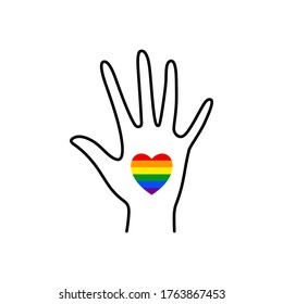Pride LGBT Rainbow Heart and Female hand in a minimal linear trendy style. A woman's hand holds a rainbow heart. Vector Illustration for logo, print on t-shirt, poster, card, tattoo