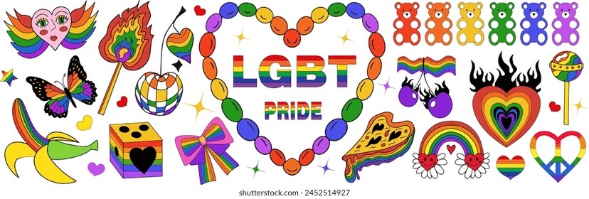 Conjunto Orgullo LGBT. Mes del orgullo, signos de amor y banderas de arco iris. Iconos del festival de la comunidad LGBTQ más sorteo a mano. Pegatinas de estilo de moda y tatuaje ideas.Ilustración vectorial.