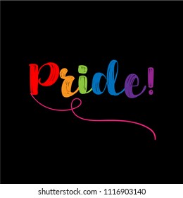 Pride - LGBT pride slogan against homosexual discrimination. Modern calligraphy with rainbow colored characters. Good for scrap booking, posters, textiles, gifts, pride sets.