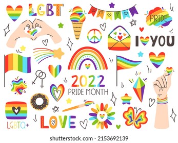 Pride LGBT Symbols. Pride Month, Love Signs And Rainbow Flags. LGBTQ Plus Community Festival Icons Vector Set. Hand Holding Multicolored Heart Supporting Love Freedom, Equality Parade