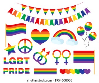 PRIDE LGBTQ Icon Set flach Stil. LGBT Pride Monat Sammlung von Symbolen. Herz, Regenbogen, Geschlecht, Bisexuell, schwul, Lesbian, Flagge, Liebe. Vektorgrafik