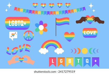 Pride LGBTQ+ icon set on blue background. Symbol of the LGBT pride community. Elements in rainbow colors. Vector Illustration