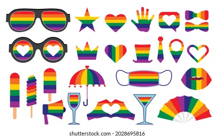 Pride LGBTQ + icon set related to LGBTQ + symbols set in rainbow colors: heart, umbrella, butterfly, hat, love, support, freedom symbols, ice cream, cocktail, shout, mask, medical, glasses, fan, crown