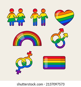 Pride LGBTQ+ icon set, LGBTQ+ related symbols set in rainbow colors. Gay Pride Month. Flat design signs isolated on white background