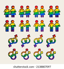 Pride LGBTQ+ icon set, LGBTQ+ related symbols set in rainbow colors. Gay Pride Month. Flat design signs isolated on white background