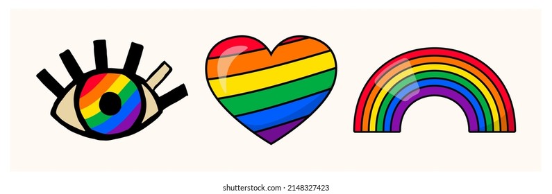 Pride LGBTQ+ icon set, LGBTQ+ related symbols set in rainbow colors. Gay Pride Month