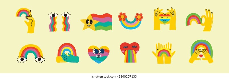 Pride LGBTQ icon set of related symbols set in rainbow colors: Pride Flag, Heart, Peace, Rainbow, Love, Support, Freedom Symbols. Gay Pride Month. Flat design signs isolated on white background