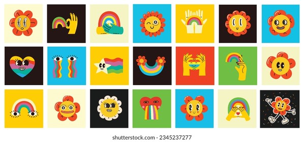 Pride LGBTQ icon set of related symbols set in rainbow colors: Pride Flag, Heart, Peace, Rainbow, Love, Support, Freedom Symbols. Gay Pride Month. Flat design signs isolated on white background