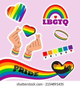 Pride LGBTQ sticker set, symbols set in rainbow colors: Pride Flag, Heart, Peace, Rainbow, Love,  Freedom Symbols. Gay Pride Month. Flat design signs isolated