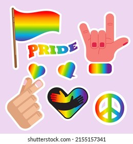 Pride LGBTQ+ sticker set, symbols set in rainbow , gradient colour, ride Flag, Heart, Peace, Rainbow, Love,  Freedom Symbols. Gay Pride Month. Flat design signs isolated