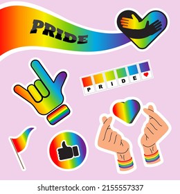 Pride LGBTQ Sticker Set, Symbols Set In Rainbow , Gradient Colour, Ride Flag, Heart, Peace, Rainbow, Love,  Freedom Symbols. Gay Pride Month.