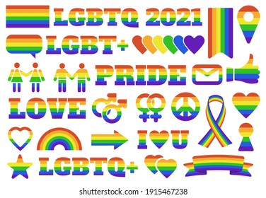 Pride lgbtq symbols. Gay parade elements, lgbt community rainbow gender signs, pride flag and hearts. Pride month emblems vector illustration set. Lgbtq stickers colored to parade rights