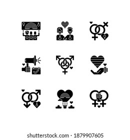 Pride life black glyph icons set on white space. Gay and lesbian lifestyle signs. Bisexual culture. Rainbow flag. Silhouette symbols. Vector isolated illustration