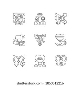 Pride life linear icons set. Gay and lesbian lifestyle signs. Bisexual culture. Rainbow flag. Customizable thin line contour symbols. Isolated vector outline illustrations. Editable stroke