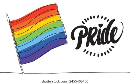 Pride line art banner. One line continuous rainbow flag. Hand drawn vector art.