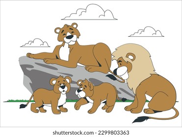 pride of lions resting, relaxed lions, lion family with cubs relaxing. A large group kittens of lion cub of lion and lioness female of lion. illustration vector