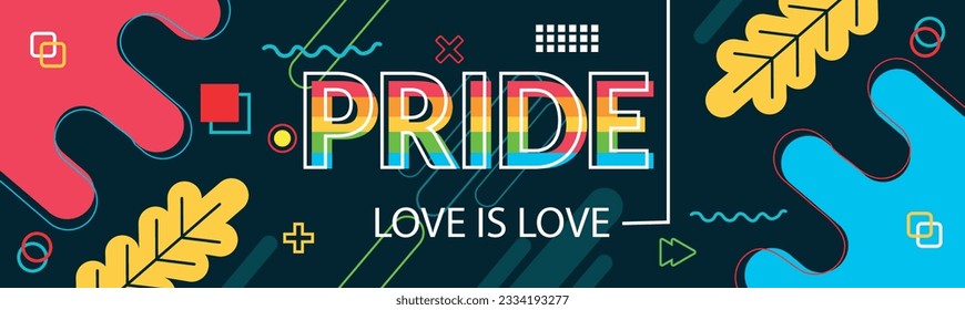 Pride Love banner with modern retro abstract background design. Colorful Rainbow LGBT rights campaign. Lesbians, gays, bisexuals, transgenders, queer. Raised fists.