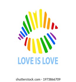 Pride, love is love-a postcard for Happy Pride Month or for Valentine's Day. Quote Love is love. Vector illustration for the LGBT community. Rainbow lipstick kiss isolated on white background.