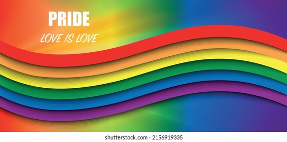 Orgullo Amor es Texto de Amor. Fondo abstracto de la bandera del espectro LGBT del arco iris de ondas 3D. Diseño de corte de papel. Plantilla de banner web de olas de colores arcoiris. Ilustración vectorial de Mes de Orgullo