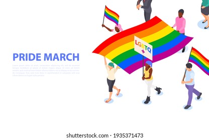 Cartel de la marcha del orgullo. Un grupo de gente caminando con banderas y afiches LGBTQ en sus manos. Defender derechos y libertades. Ilustración isométrica vectorial plana.