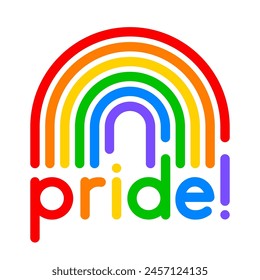 "Pride!" minimal typography design with rainbow. Pride month logo.