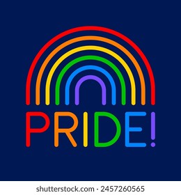 "Pride!" minimal typography design with rainbow. Pride month logo.