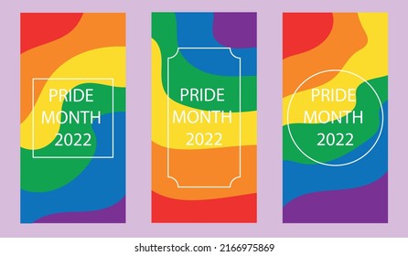 Pride mont 2022 logo card with flags. Banner Love Is Love. Colorful rainbow on a white background. Vector social media template