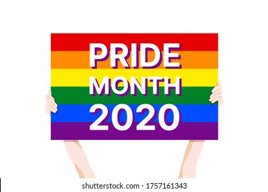 Pride Month 2020 - June - vector horizontal banner template with the LGBT person holding multicolored poster as a symbol of LGBT community on white background. Equality and diversity in modern society