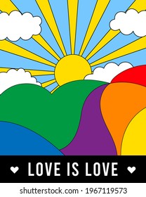 Pride month 2021 logo invitation card with rainbow landscape LGBT flag and sun on blue sky background.Banner Love is love.Pride symbol with heart,sign sexual minorities,gays,lesbians.Design vector