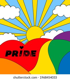 Cartel de invitación del mes del orgullo 2021 con el paisaje del arco iris Bandera LGBT y sol sobre fondo azul del cielo. El amor en la bandera es amor. Símbolo del orgullo con el corazón, firmar minorías sexuales, gays, lesbianas.Vector de diseño